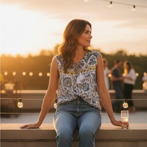Lucky Brand Blue yellow Print Tassel Tie Sleeveless Blouse Size L